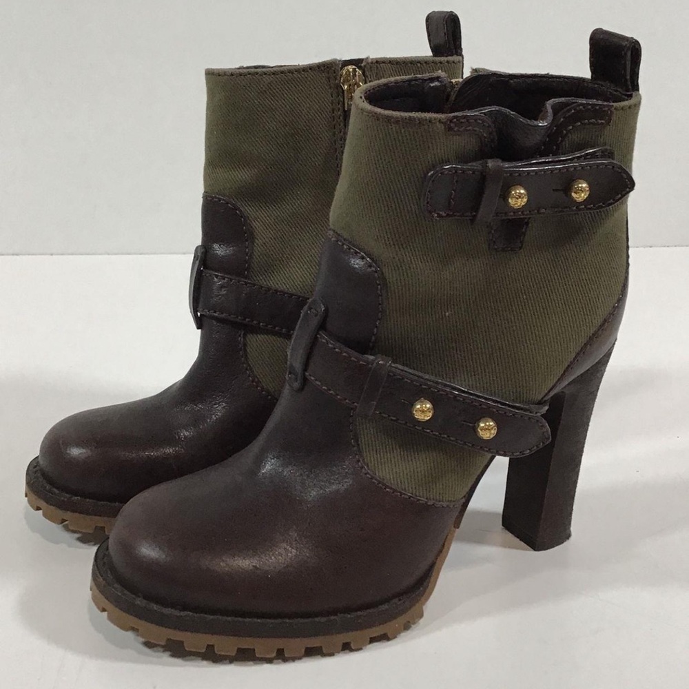 Women’s Tory Burch Platform Brown Leather/Green Canvas Ankle Boots Size 6.5M